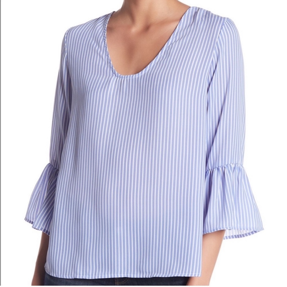 Como Vintage Striped Blue Blouse w Bell Sleeves S